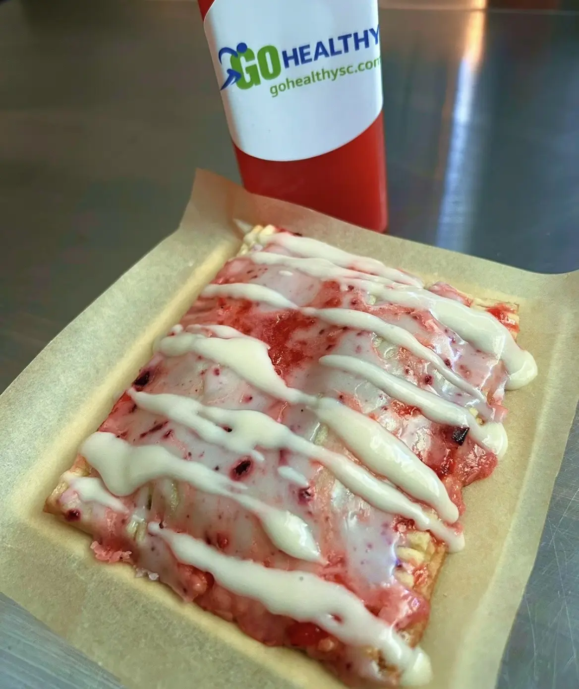 A strawberry-glazed Go-Tart paired with a GoHealthySC drink